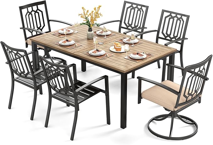PHI VILLA 7 Pieces Outdoor Dining Set for 6, 65” Brown Wood-Like Wrought Iron Table with Umbrella Hole & Fixed/Swivel Chairs Combo with Cushions, Modern Metal Furniture for Patio, Deck, Yard, Porch