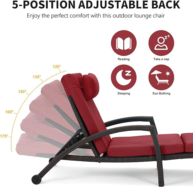 HOMREST Chaise Lounge Chairs Set of 2, PE Rattan Wicker Patio Lounge Chair with Adjustable 5 Position, Arm and Wheels for Poolside Backyard Deck Porch,Wine red