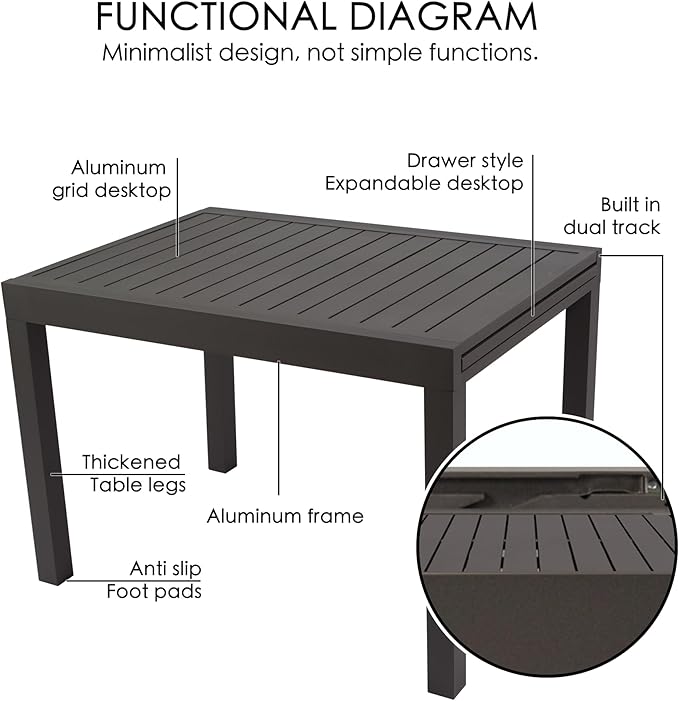 Kozyard Villa Expandable Patio Dining Table - Adjustable, Aluminum Outdoor Furniture for 4-6 Person, Perfect for Backyard, Porch, Deck, Garden - Brown, 43"- 86"