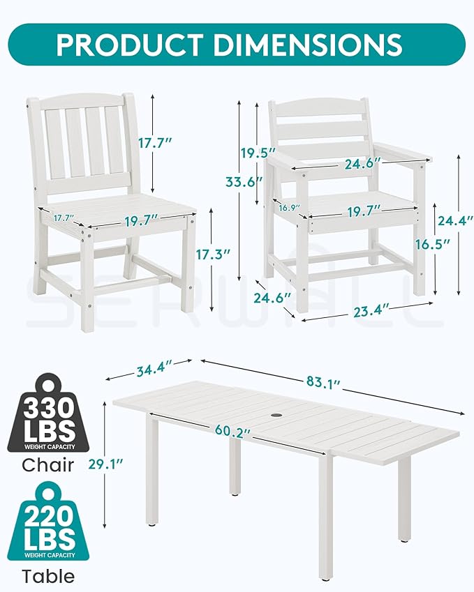 SERWALL 7-Piece Outdoor Dining Set, 60" - 83" Expandable Outdoor Dining Table and 6 HDPE Chairs, All Weather HDPE Outdoor Furniture Set for Backyard, Garden, White