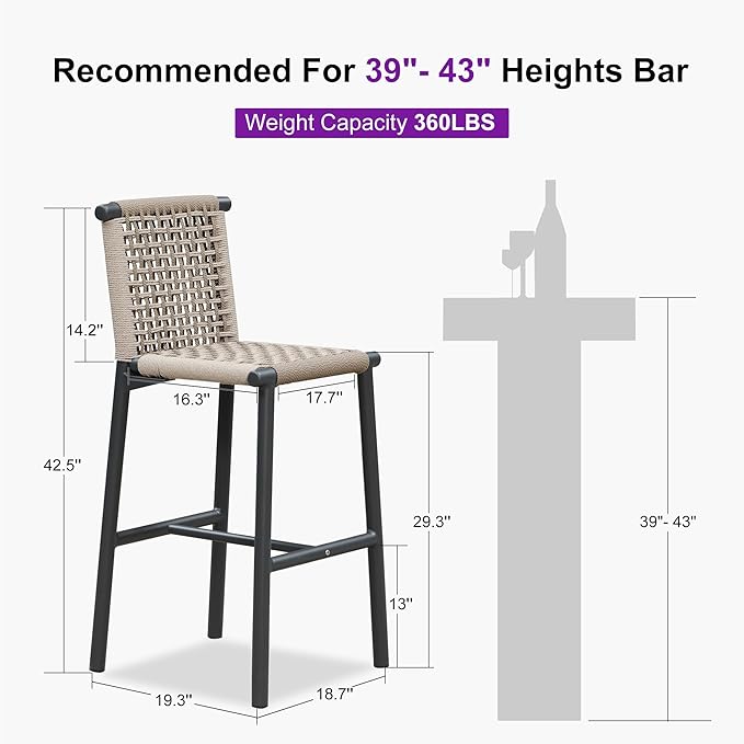 PURPLE LEAF Bar Stools Set of 2 with Back Aluminum Patio Counter Height Stools for Pool Lawn Kitchen All Weather Wicker Outdoor Bar Chairs Dark Grey