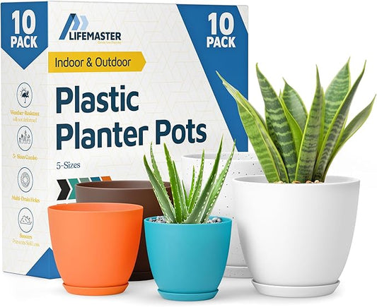 Multicolor Plant Pots with Drainage Holes & Saucers 10 Pack, Indoor & Outdoor Stackable Space-Saving Planters for Houseplants & Flowers, (7", 6.7", 6", 5.3", and 4.8" Inches), Durable & Weatherproof