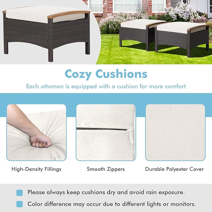 Tangkula 2 Piece Patio Rattan Ottomans, Outdoor Wicker Footstool w/Acacia Wood Handles, Soft Zippered Cushions, 3-in-1 Function Footstool Seat & Side Table for Backyard, Balcony, Poolside (Off White)