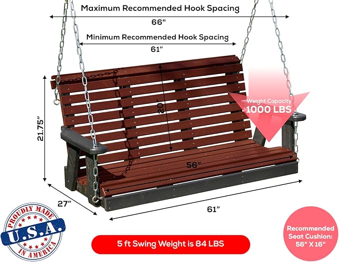 Poly Lumber Wood 5FT Porch Swing Amish Craftsmandship Made in USA HDPE with No wood fibers and 1000 lbs Limit. Stainless Steel Hardware.Signature Rollback design for Patio Outdoor Backyard Garden Park