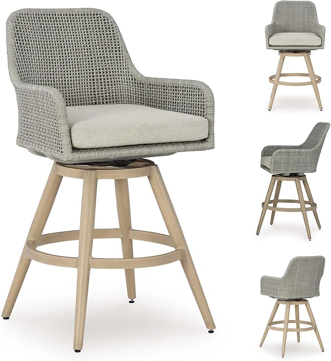 Signature Design by Ashley Seton Creek Casual Weather Resistant 360-Degree Swivel 31.75" Outdoor Bar Height StainlessBar Stool with Cushion, Set of 2, Beige & Light Gray