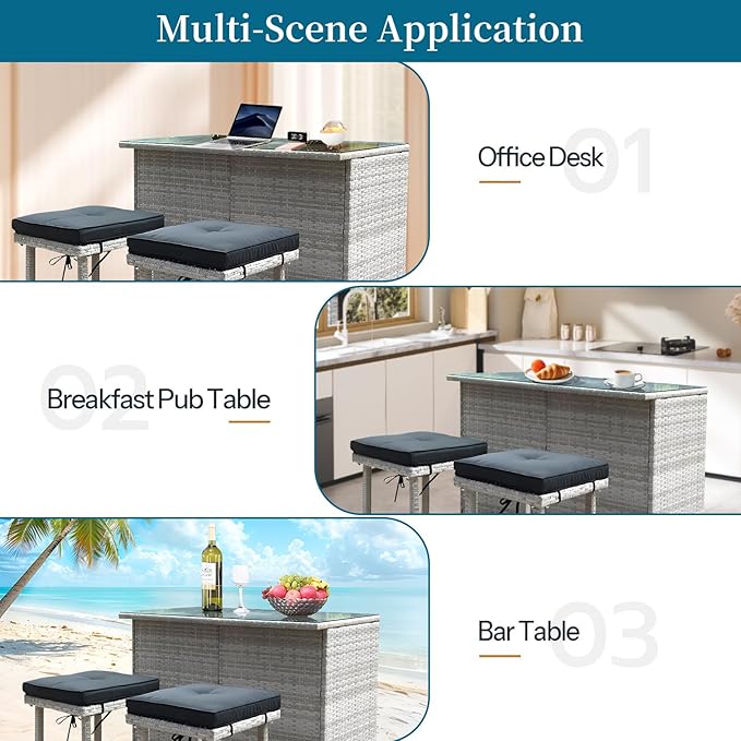 Wicker Patio Bar Set of 3-Piece, Rattan Bistro Set with stools and Coffee Table, Patio Bar Table and Chairs for Backyard, Porches or Poolside