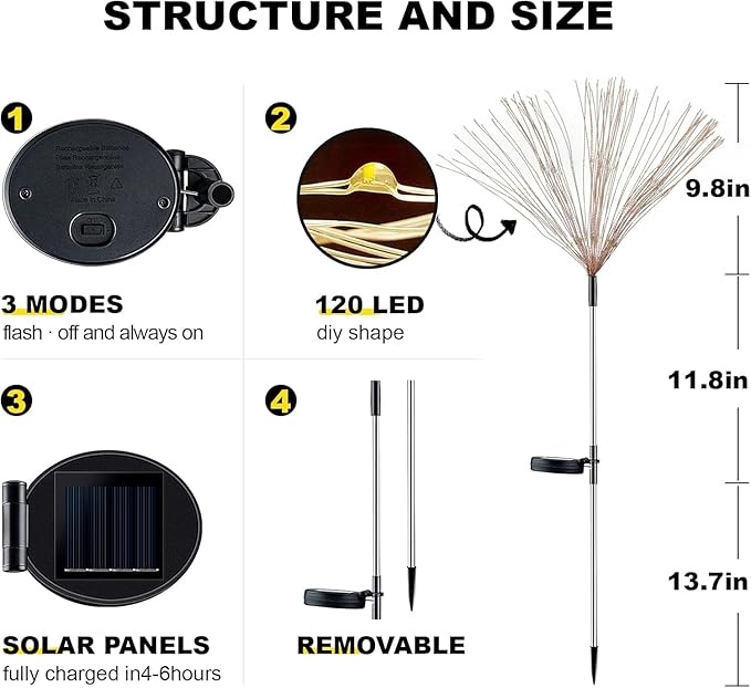 YOTOZU 4 PCS Solar Firework Light, Outdoor Solar Garden Decorative Lights 120 LED Powered 40 Copper Wires String DIY Landscape Light for Walkway Pathway Backyard Decoration Parties Perfect Gifts(Red)