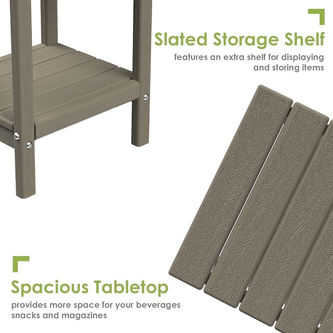 GREENVINES Adirondack-Outdoor-Side-Table | Set of 2 | Wood Grain | 14 x 13 Inches | HDPE Plastic | All Weather | Desert Brown | Outside End Tables | Storage Shelf | for Patio