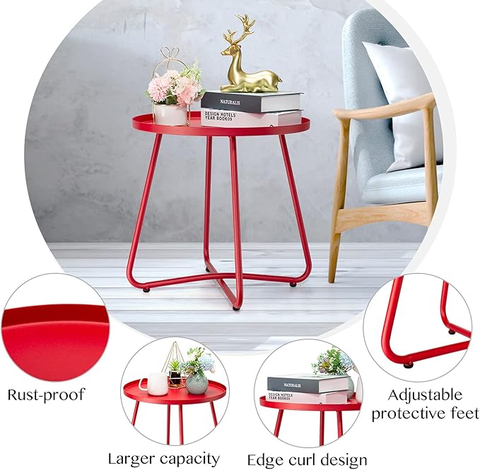 danpinera Outdoor Side Tables, Weather Resistant Steel Patio Side Table, Small Round Outdoor End Table Metal Side Table for Patio Yard Balcony Garden Bedside (Red)
