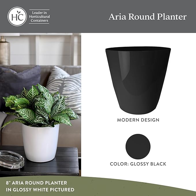 The HC Companies Aria Round Self-Watering Pot - Lightweight Plastic Planter for Herbs & More - Durable Plant Pots for Indoor Plants & Outdoor Plants (12" Glossy Black, Pack of 2)