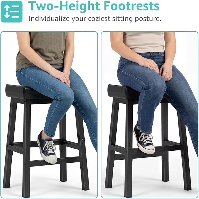 24 Inch Bar Stools Set of 2 for Kitchen Island, Kitchen Chairs Counter Height Stools with Footrest, Black Saddle Leather Barstools Heavy Duty for Dining Table Farmhouse Outdoor