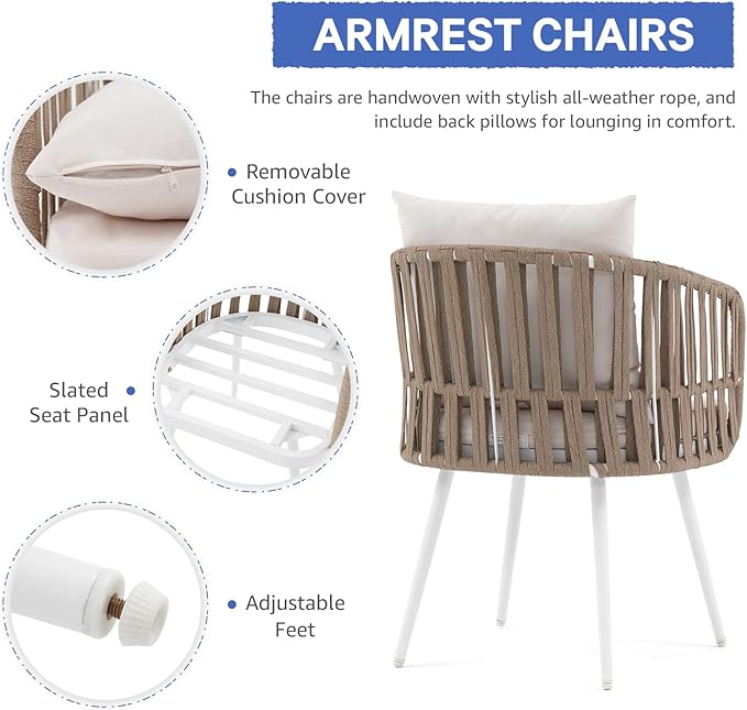 SUNSITT Patio Dining Chairs Set of 2, Outdoor Metal Dining Chairs with Woven Rope, All-Weather Patio Arm Chairs w/Cushions, Porch, Garden, White