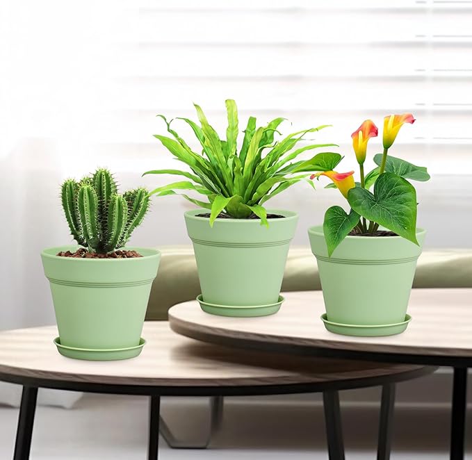 6 inch Plastic Nursery Pots, 16 Pack Plant Pots for Small Indoor Outdoor Plants, Flower Pots with Drainage Holes and Saucers, Decorative Seeding Starter Planters for Houseplants, Green