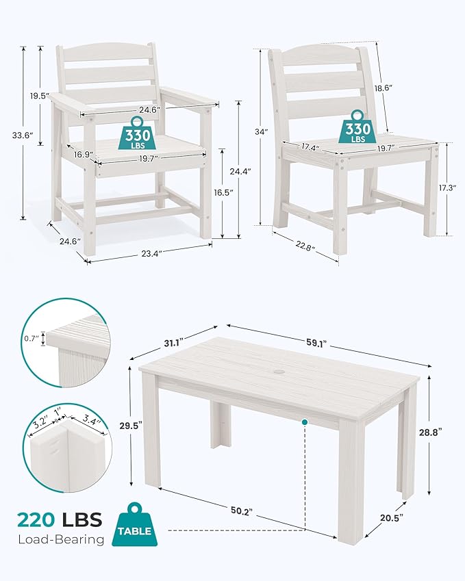 SERWALL Outdoor Dining Sets for 6, HDPE Dining Sets with 1 Umbrella Hole Cut-Out Rectangular Table and 4 Armless Chairs and 2 Armchairs, Patio Dining Sets, White
