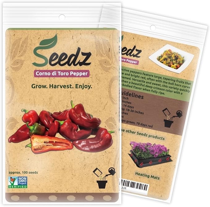Organic Pepper Seeds, APPR. 100, Corno di Toro Pepper, Heirloom Vegetable Seeds, Certified Organic, Non GMO, Non Hybrid, USA