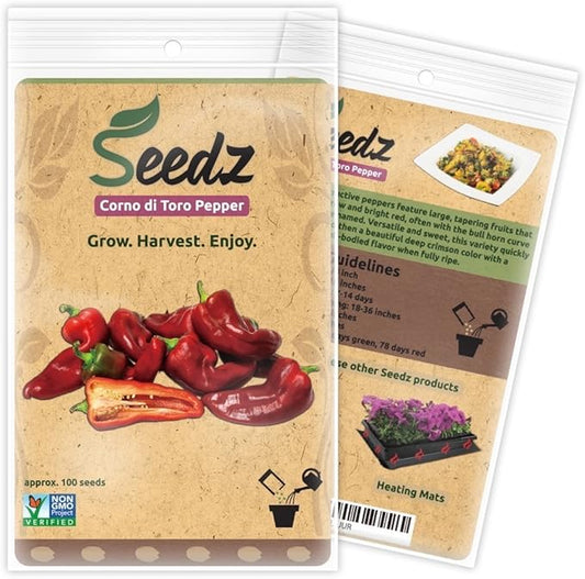 Organic Pepper Seeds, APPR. 100, Corno di Toro Pepper, Heirloom Vegetable Seeds, Certified Organic, Non GMO, Non Hybrid, USA