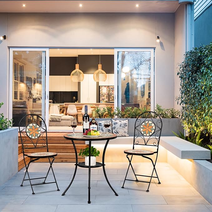 VINGLI Garden Patio Mosaic Table, Outdoor Bistro, Black Iron Frame, 23.6" Round End Table, Accent Table (Does not Include Chairs)