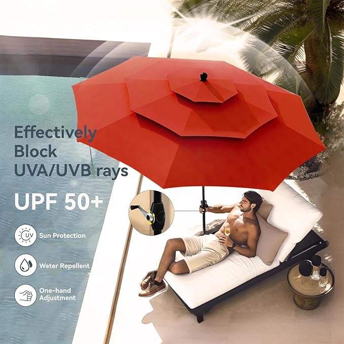 PHI VILLA 5 Piece Outdoor Dining Set with 10ft Umbrella, 37" Square Metal Dining Table & 4 Stacking Metal Chair with 3 Tier Red Umbrella for Patio, Deck, Yard, Porch