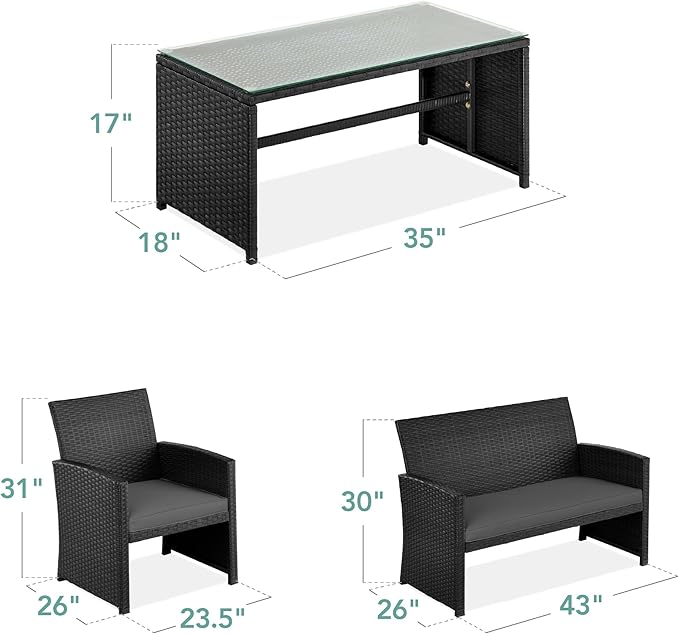 Best Choice Products 4-Piece Outdoor Wicker Patio Conversation Furniture Set for Backyard w/Coffee Table, Seat Cushions - Black/Gray