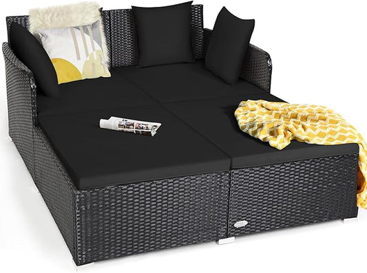 HAPPYGRILL Patio Rattan Daybed Outdoor Loveseat Sofa Set with Padded Cushion Pillows and Sturdy Aluminum Foot Wicker Patio Furniture for Garden Porch Poolside