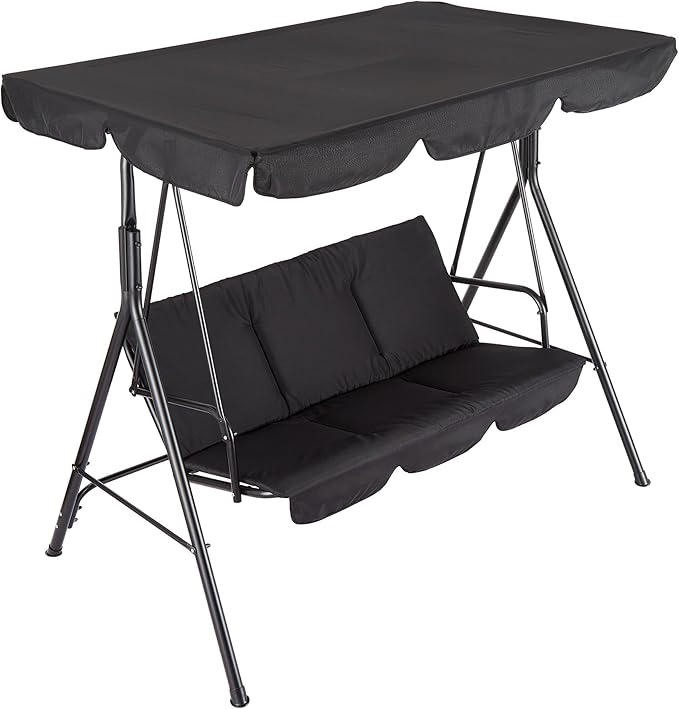 Porch Swing Chair with Adjustable Canopy for Adults 3-Seat Patio Glider Bench with Thick Cushions Steel Frame Outdoor Swing Chair for Backyard Lawn Garden Black