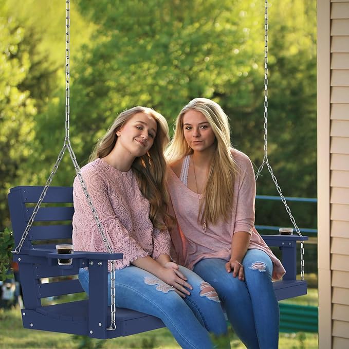 Plawdlik Porch Swings,2 Seat Patio Chair with Two Cup Holders,HDPE Waterproof Bench for Courtyard-Navy Blue