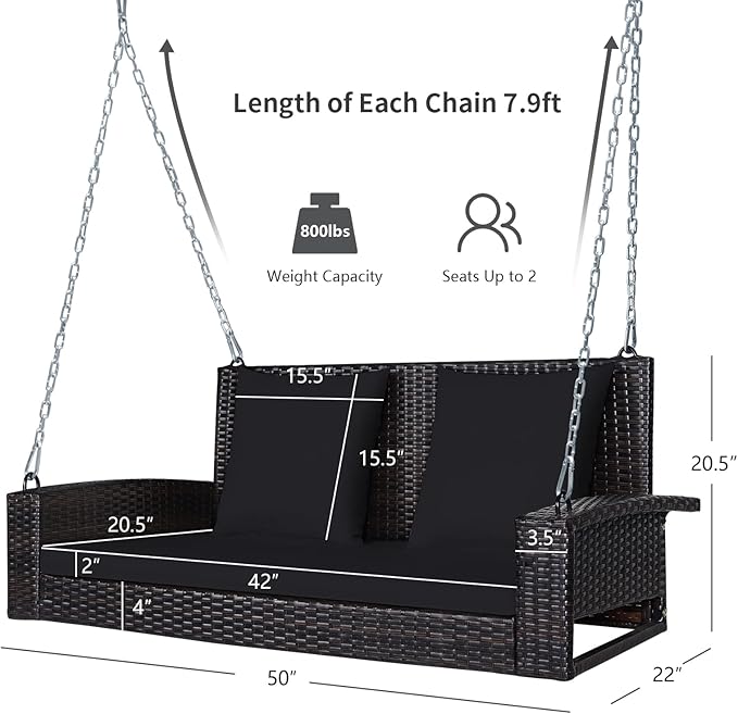 RELAX4LIFE Porch Swing 2-Seat Patio Rattan, Wicker Porch Swings Outdoor W/Two 7.9 Ft Solid Steel Chain, Comfortable Back & Seat Cushions, for Front Porch, Garden, Backyard Patio Swing (Black)