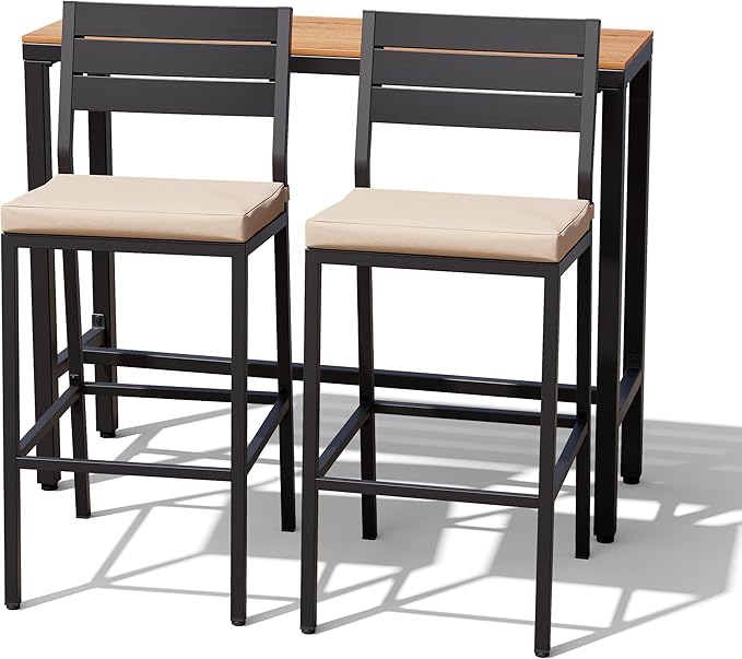 Crestlive Products Outdoor Bar Table and Chairs Set, 3 Piece Outside Patio Bar Set with 43" Long Bar Table and 2 Bar Stools for Balcony, Bistro, Garden, Backyard(Brown Desktop and Beige Cushion)