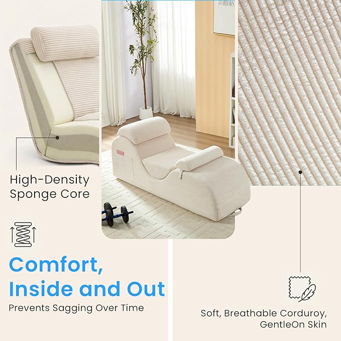 ijuicy 25" Wide Corduroy Yoga Chair, Yoga Lounge Chair for Adults, Chaise Lounge Chair Indoor/Yoga Lounger with Headrest, Waist Cushion, Movable Footrest, Side Pockets, High Density Sponge-Beige