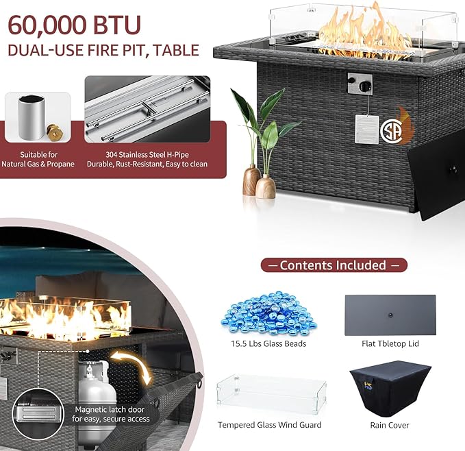 NICESOUL 7 Piece Oversized Patio Furniture Sofa Set with Fire Pit Table Propane Natural Gas Convertible, 29.3'' High Back Sturdy Outdoor Conversation for Heavy People, 2 Color Cushion Wine & Gray