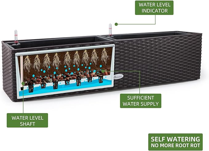 Dexceder 31.5 Inch Rattan Self Watering Planter Indoor Outdoor, Thickened Large Rail Flower Plant Pot Window Box with Water Level Indicators & Bracket (Brown)