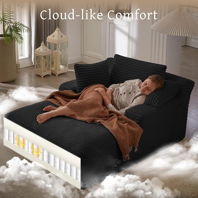 66" Chaise Lounge Chair Indoor, Oversized Boneless Couch Comfy Upholstered Sleeper Sofa Bed with 3 Pillows, Corduroy Cloud Reading Chair for Living Room No Assembly Required, Black