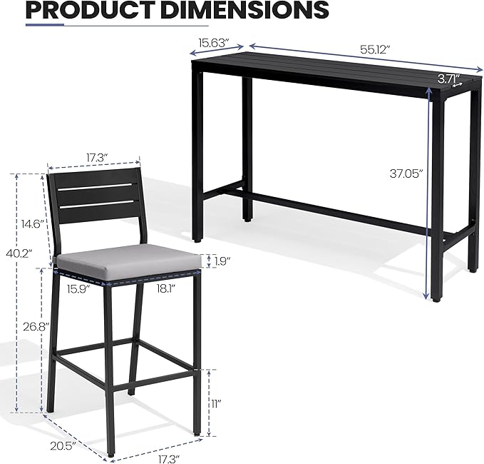 Crestlive Products Outdoor Bar Table and Chairs Set, 3 Piece Outside Patio Bar Set with 43" Long Bar Table and 2 Bar Stools for Balcony, Bistro, Garden, Backyard(Black Desktop and Light Gray Cushion)