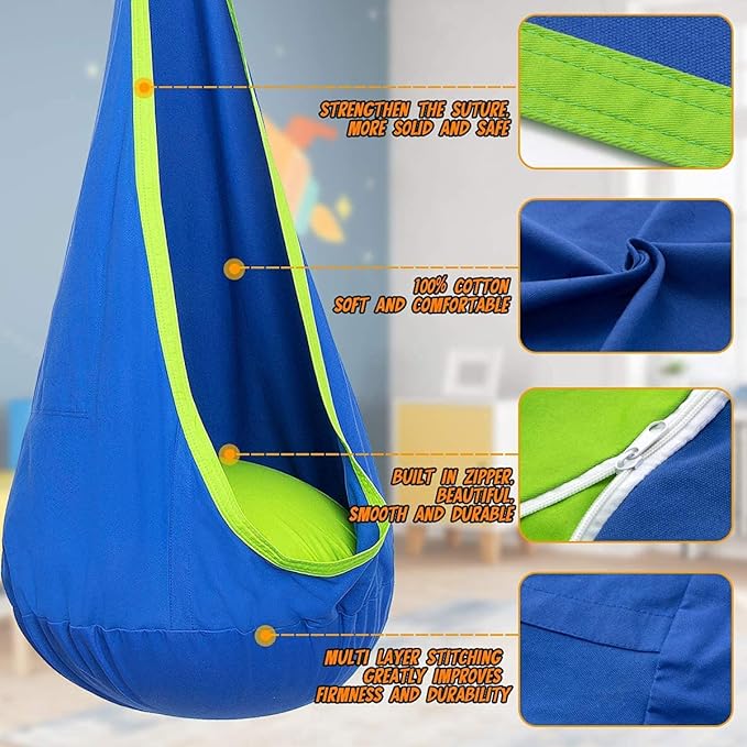 Y- STOP Kids Pod Swing Seat, Hanging Hammock Chair Swing with Inflatable Pillow, Sensory Swing Chair with Pocket for Outdoor and Indoor (Blue and Green)