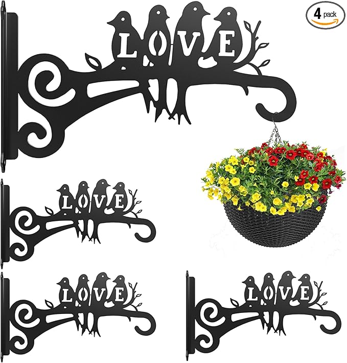 4-Pack Aesthetic Plant Hangers Outdoor and Indoor – 10 Inch Metal Hanging Plant Bracket with Beautiful Bird Pattern – Anti Rust Plant Hooks for Hanging Baskets, Bird Feeder, Windchime, Lantern