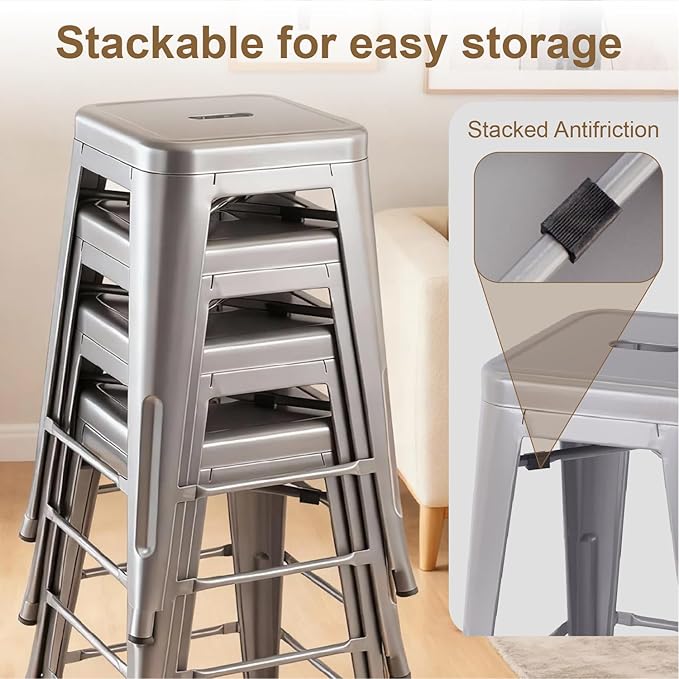 Stackable Metal Bar Stool Backless Indoor-Outdoor Counter Stools Fullmetal Dinning Chairs Set of 4 (Grey, 30 Inch)
