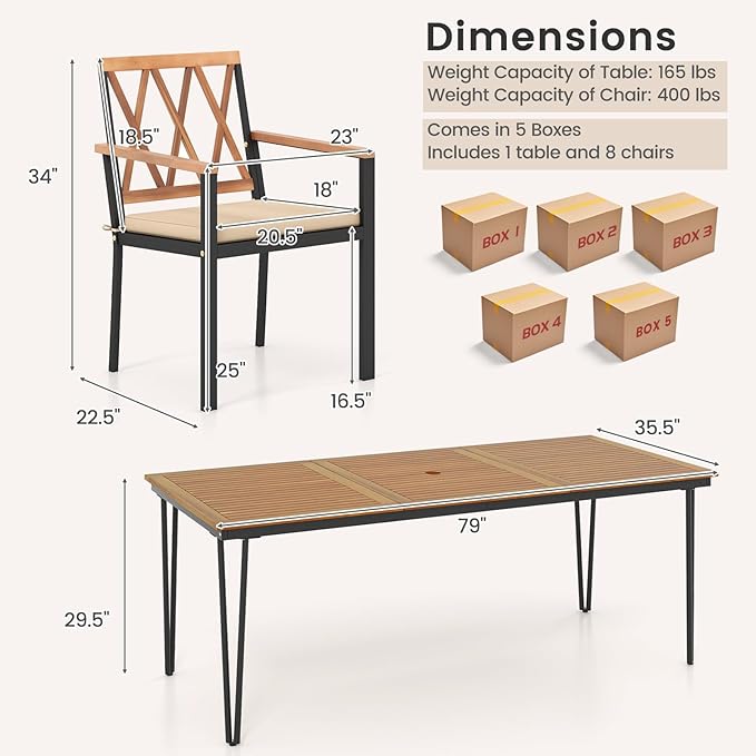 Tangkula 9 Piece Patio Dining Set, Outdoor Rectangular Dining Table w/Acacia Wood Top & Umbrella Hole, Metal Frame Dining Table & Chairs Set w/Removable Seat Cushions for Yard, Porch, Garden, Deck