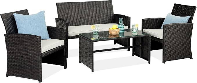 Best Choice Products 4-Piece Outdoor Wicker Patio Conversation Furniture Set for Backyard w/Coffee Table, Seat Cushions - Black/White Sand