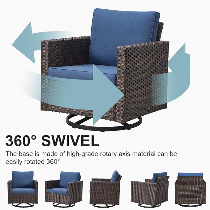 Belord 6 Piece Outdoor Furniture Patio Wicker Sofa Set, Oversize Outdoor Swivel Rocker Chairs with Rattan Ottomans, Conversation Sets Patio Furniture Come with Removable Washable Cushion Blue, Brown