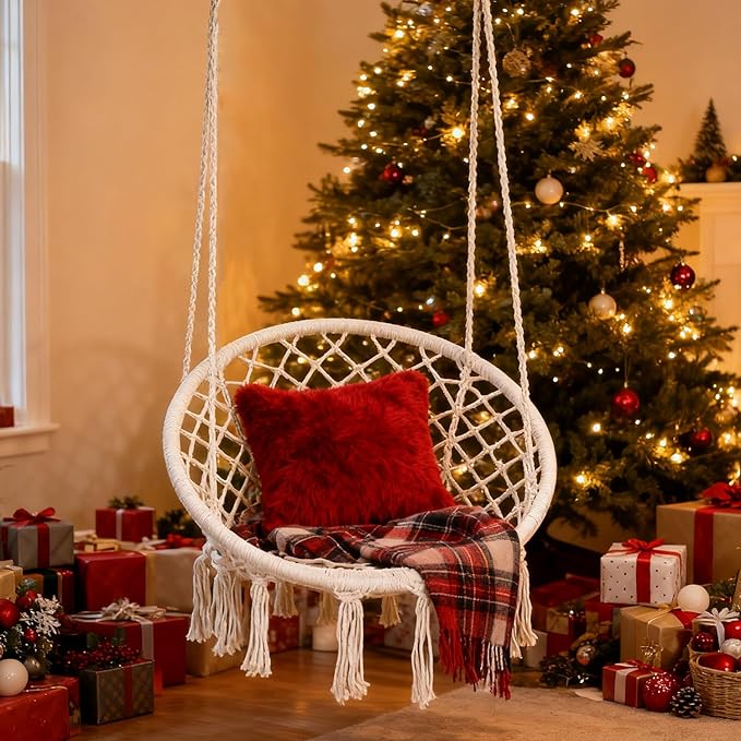 Goutime Hammock Chair, Macrame Hanging Swing Chairs with Cushion and Hardware Kit,Adult Boho Swings for Outside,Patio,Balcony,Bedroom Beige (Pillows are not Included)