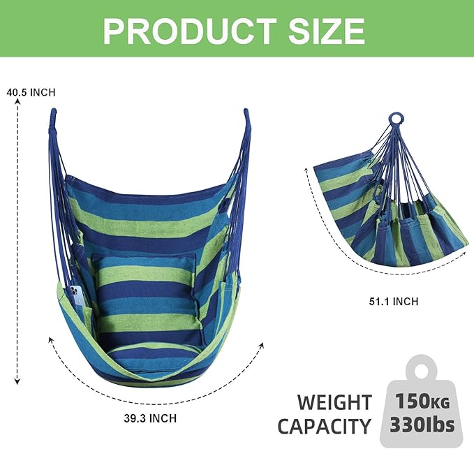 Goutime Hammock Chair, Boho Hanging Rope Ceiling Swing, Macrame Hanging Swinging Chair for Indoor,Outdoor,Bedroom,Outside,Garden,Balcony,Yard,Deck,Max 330 Lbs,Blue and Green
