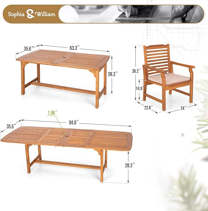 Sophia & William Patio Outdoor Table and Chairs Set, Patio Dining Sets for 8, 9 Pieces Patio Table Set for Backyard Deck Porch Outside, Acacia Wood Table Expandable with Hole and Chairs