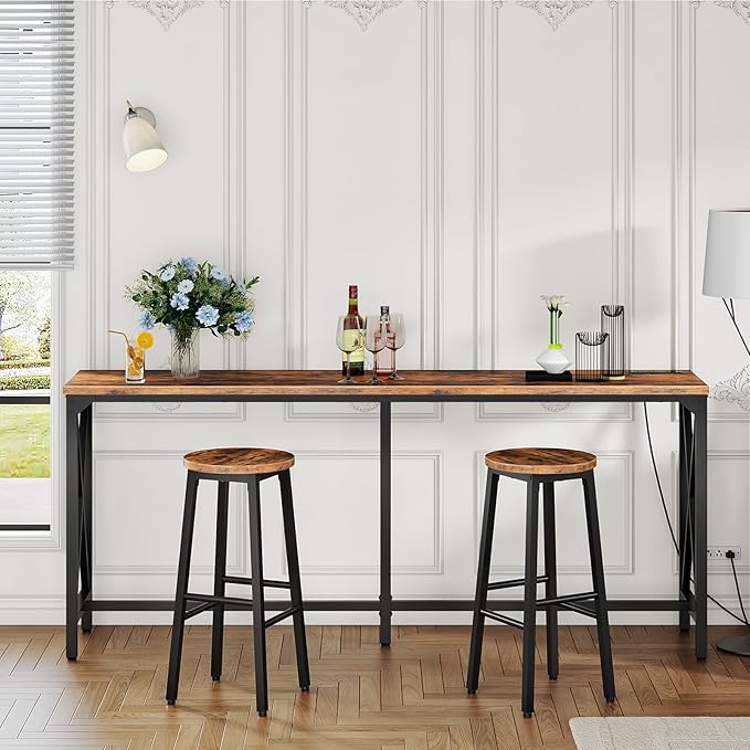 70.9'' Bar Table, Kitchen Dining Table with Power Outlet and Footrest, Industrial Style, for Pub, Living Room, Rustic Brown and Black TBT08UBF