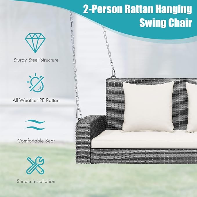 RELAX4LIFE 2-Person Porch Swing Bench - PE Rattan Outdoor Swing Chair with Comfortable Seat & Back Cushions, Rustproof Metal Chains, Patio Loveseat Swing for Balcony, Garden, Yard, 800 LBS (Off White)