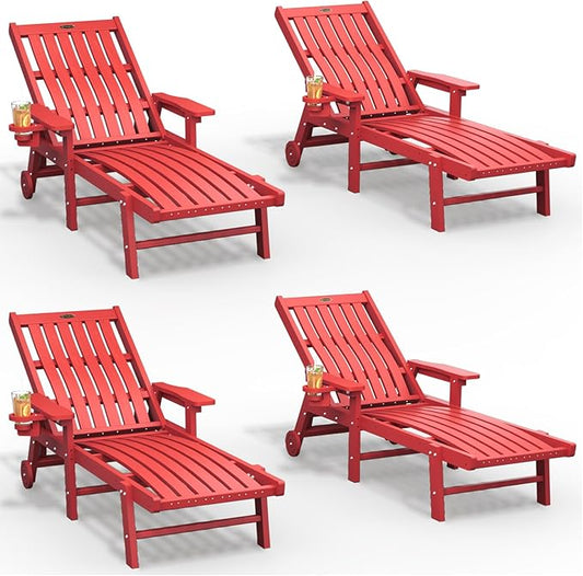 Patio Chaise Lounge Chair Set of 4, Oversized Lounge Chair Outdoor with 5 Positions, HDPE, Patio Lounge Chair with Wheels & Cup Holder for Pool, Deck, Poolside,Red