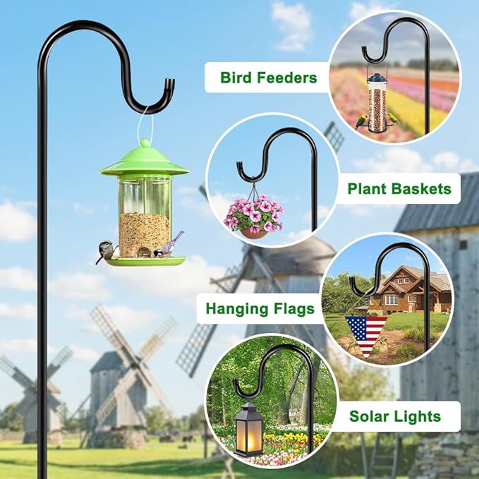 72" Shepherds Hooks for Outdoor, Heavy Duty Garden Bird Feeder Pole for Hanging Bird Feeder, Plant Baskets, Solar Light Lanterns, Outdoor Plant Hanger Hook with 7 Base Prongs,1 Pack