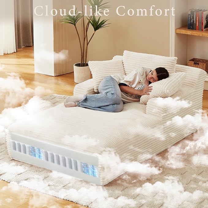 78.7" Chaise Lounge Chair Indoor, Oversized Boneless Couch Comfy Upholstered Sleeper Sofa Bed with 3 Pillows, Corduroy Cloud Reading Chair for Living Room No Assembly Required, White
