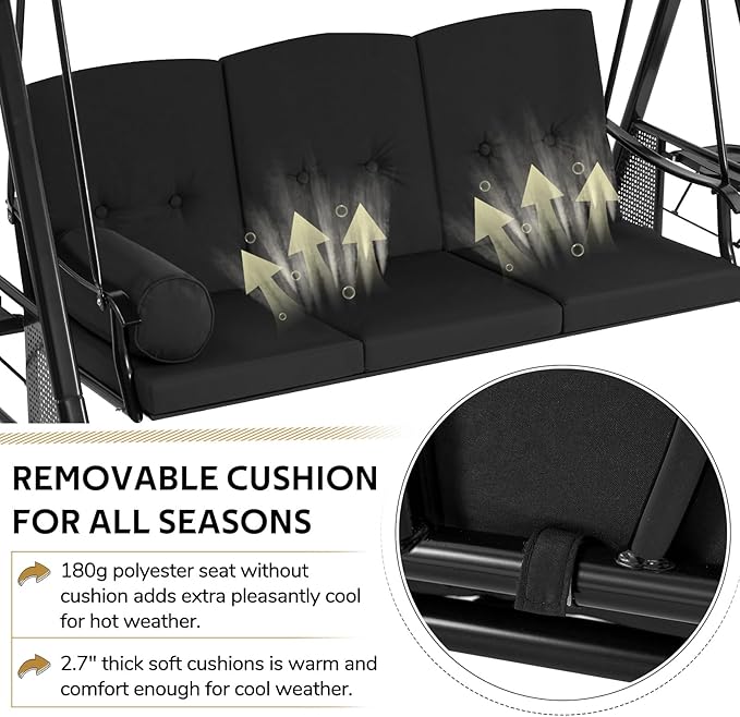 AECOJOY Outdoor Porch Swing with Cover, 3-Seat Patio Swings with Adjustable Canopy, Outside Swing for Adult with Black Removable Cushions for Backyard, Garden, Yard, Poolside, Balcony