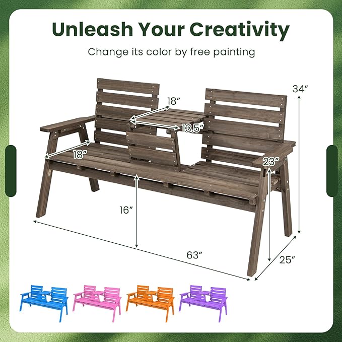 Tangkula Outdoor Fir Wood Bench with Foldable Middle Table, 2-3 Person Garden Bench with Backrest and Armrests, 710 lbs Weight Capacity, Slatted Seat Bench for Porch, Patio, Backyard