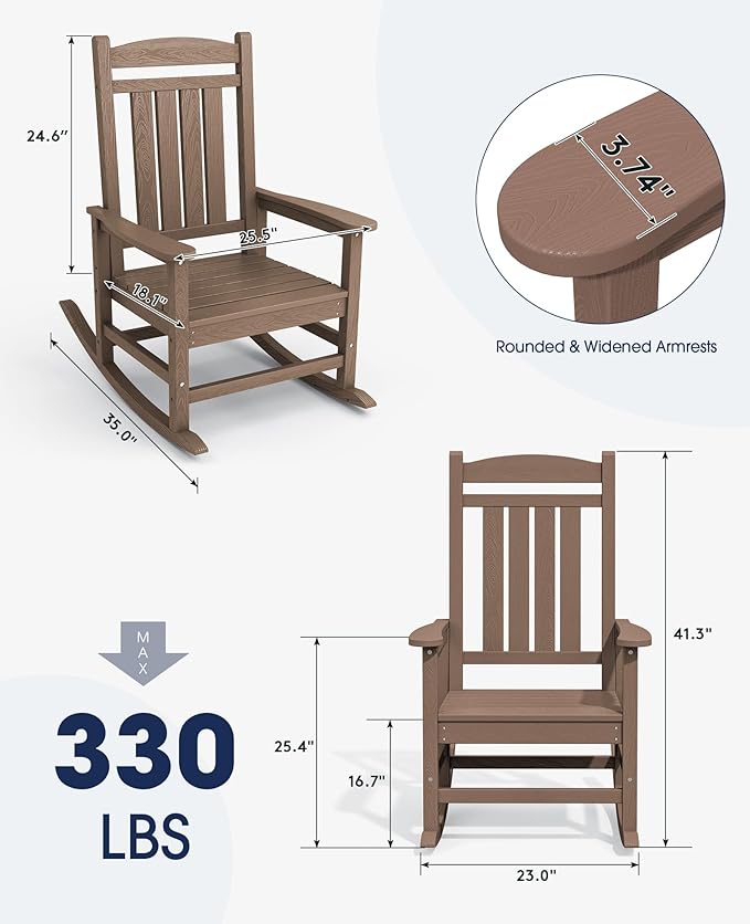 KINGYES HDPE Outdoor Rocking Chair Set of 4, All-Weather Poly Patio Rocking Chairs with 330lbs Support for Adults, Brown